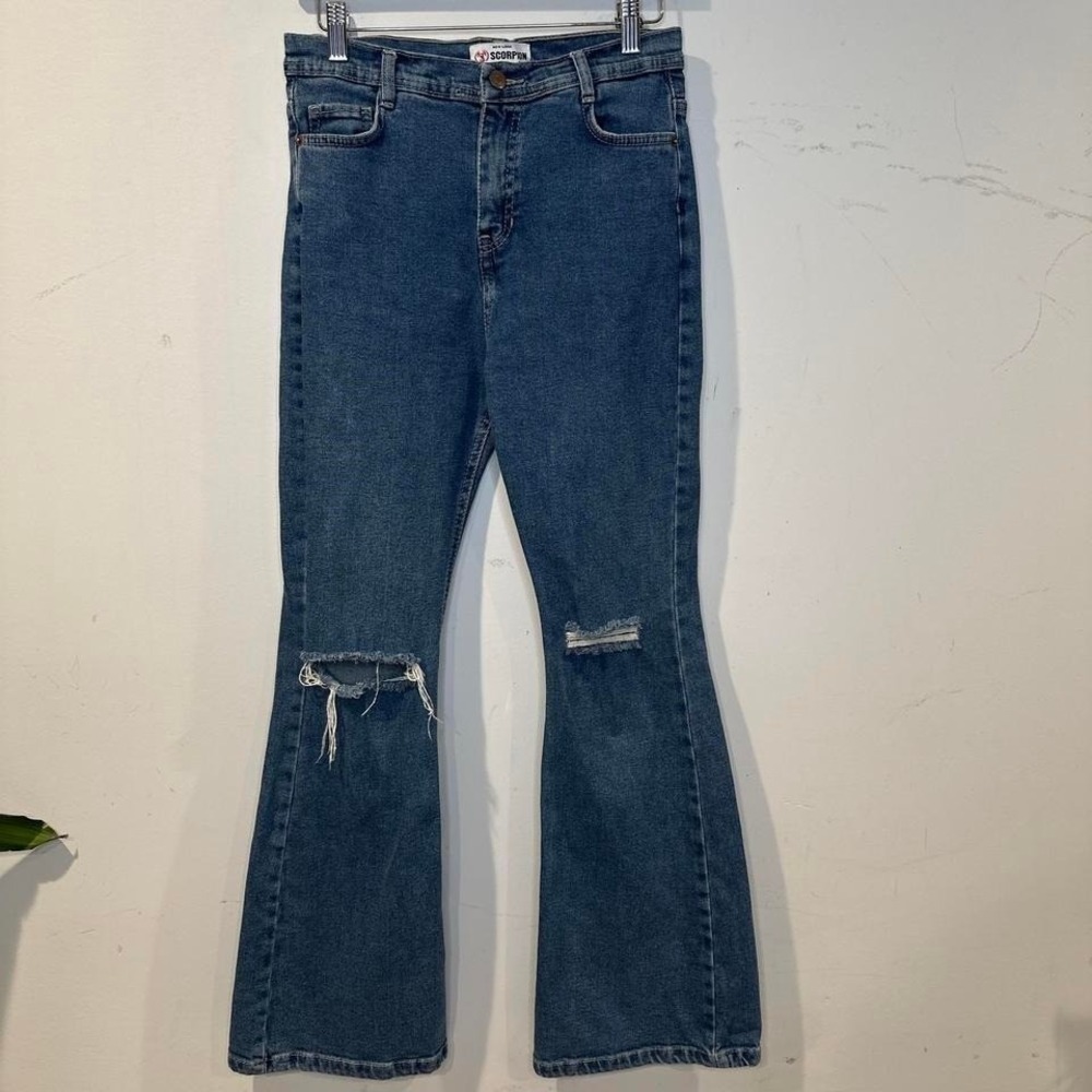 Y2k Skater Thrashed Distressed blue denim jeans high waist wide leg 0